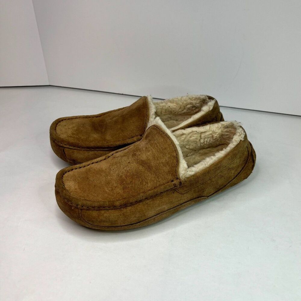 Ugg Ascot Slipper Brown Suede White Fur Slip Ons Mocassin Cozy Slippers